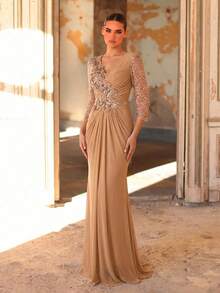 Aureia Elegante y lujosa aplicación bordada de encaje con cuentas, adecuada para bodas, fiestas, vacaciones, bailes, novias, madres de la novia, vestidos de noche - Champán - Ver 9