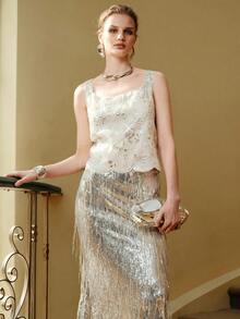 Arave 女士优雅派对串珠刺绣贝壳边饰吊带背心，夏季 - 白色 - 查看 7