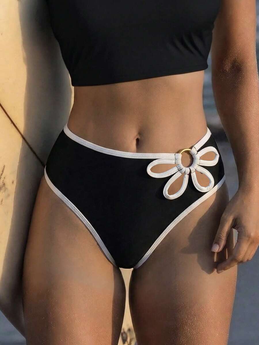 Swim SPRTY Women's Beach Outfit, 3D Petal Design, Black & White Contrast, Fashionable Casual Elegant Minimalist Sports Surfing Swimsuit Bottom - Black and White - View 1