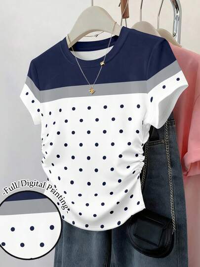 Resyla Women's Round Neck Color Block Polka Dot Ruffle Casual Versatile Daily Wear Short Sleeve T-Shirt