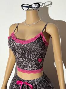 Sexy Leopard Print Contrast Color Lace Trim Camisole & Pants Women Sleepwear Set Cute Lounge Set Two Piece Night Set Woman 2 Piece Set Leopard Print Lounge Set Pink Trim Pajama Set - Multicolor - View 8