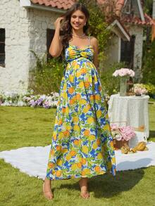 SHEIN Fashionable Lemon Print Backless Bow Tie Strap Dress - Multicolor - View 5