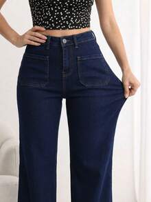 Jeans Amplios de Cintura Alta de Color Azul Oscuro para Mujer, Pantalones Simples y Retro - Azul lavado oscuro - Ver 6