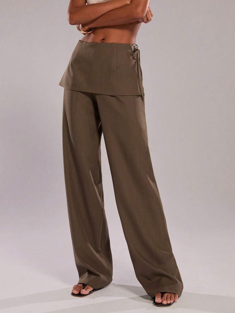 SHEIN BAE 女士休闲简约通勤侧系带直筒裤 - 卡其色 - 查看 1