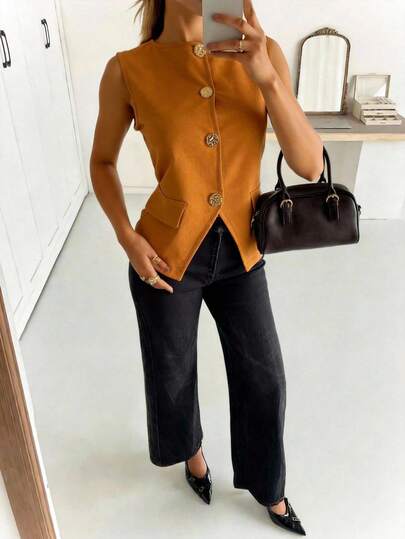 Blusa de Mujer sin Mangas Tipo Chaleco, con Botones al Frente, Elegante, Hecho en Mexico