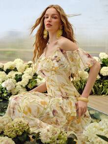MOTF PREMIUM VESTIDO LARGO CON VOLANTES Y ESTAMPADO FLORAL ROMÁNTICO PARA MUJER, PRIMAVERA/VERANO - Multicolor - Ver 7
