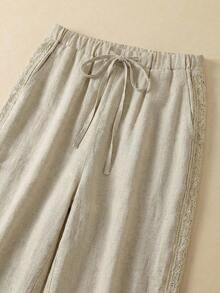 Rusticease Women's Casual Beach Vacation Style Drawstring Waist Contrast Lace Loose Wide Leg Pants - Khaki - View 5