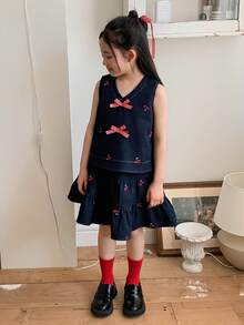 DAZY 韩版少女蝴蝶结无袖衬衫和百褶裙两件套牛仔套装 - 藍色 - 查看 5