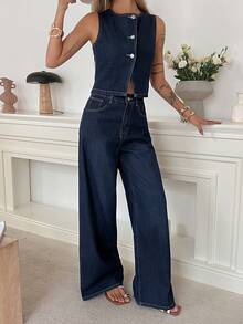 DAZY Women's Round Neck Single-Breasted Vest And Pants Casual Denim Suit - Blue - View 5