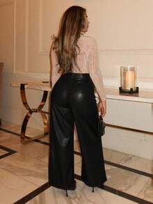 Maria Perezxox 女士皮革女裤纯色前扣简约休闲裤、日常穿着、女士下装 - 黑色 - 查看 2