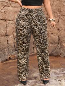 Jeanoix Pantaloni de damă din denim Y2K, mărime plus, cu imprimeu leopard, elastici, slim fit, cu picior drept - Kaki - Vizualizare 1