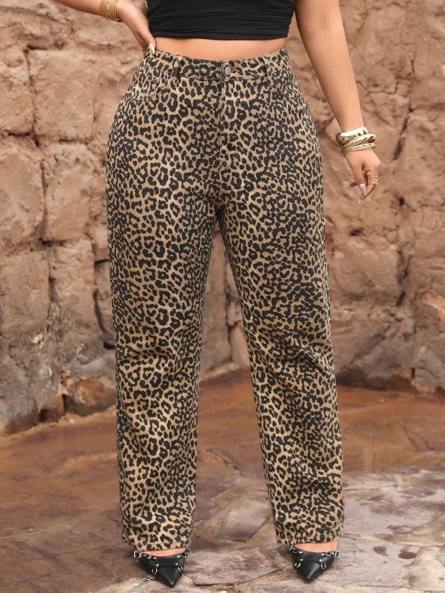 Jeanoix Pantaloni de damă din denim Y2K, mărime plus, cu imprimeu leopard, elastici, slim fit, cu picior drept - Kaki - Vizualizare 1