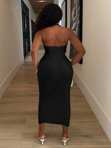 Alexandranx New Valentine's Day Elegant Romantic Slim Fit Ribbed Maxi Dress With V-Neck, Apricot Color, Fitted For Summer,Summer Dresses For Women ,Party Dress - Black - View 2