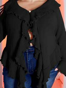 Pretty and Ole Plus Size Women Autumn/Winter Fashion Sexy & Sweet Ruffle Flare Sleeve Cardigan - Black - View 3