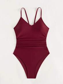 Swim Basics Women's Solid Color Spaghetti Strap One-Piece Swimsuit, Suitable For Beach Vacation - Burgundy - View 4