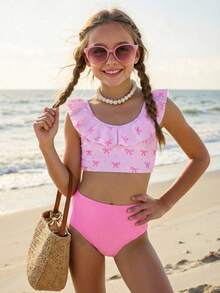 SHEIN 2pcs/Set Girls' Swimsuit, Cute Bow Print Bikini, Modest & Casual Beach/Swimming/Vacation Wear, Suitable For Summer - Pink - View 3