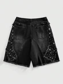 ROMWE MEN Street Life Pantalones cortos de mezclilla sueltos con diamantes brillantes para hombres - Negro - Ver 2