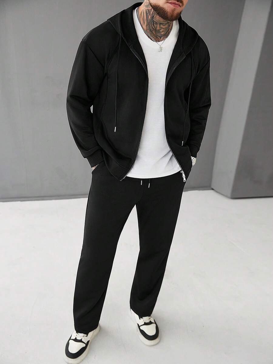 Manfinity CasualCool 男士连帽抽绳拉链黑色休闲外套套装 - 黑色 - 查看 1