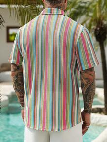 VENTUSAIL 男士彩色线条印花短袖衬衫，男士复古风，日常休闲、周末旅行、户外活动、探险旅行、轻松的工作环境或半正式场合，男友/丈夫礼物，周年纪念/生日礼物，派对、夏季假期、婚礼、春夏、复活节，彩虹竖条纹男士短袖翻领休闲上衣，男士多色纽扣衬衫，彩色男士衬衫，男士衬衫，男士复古衬衫，男士墨西哥衬衫 - 彩色 - 查看 2