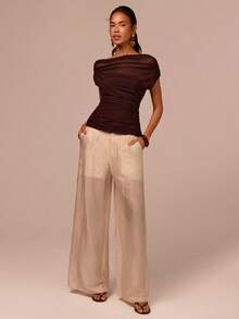 COSMINA 女士优雅网纱拼接衬衫，通勤、约会、晚宴等场合皆宜，半透明拼接设计，适合春季穿着。 - 咖啡棕 - 查看 3