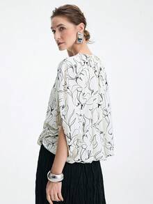 Aalyst 女士轻盈优雅休闲波西米亚风度假/通勤复古风纯色印花圆领可调节抽绳蝙蝠袖衬衫，带衬里，春夏款 - 杏色 - 查看 3