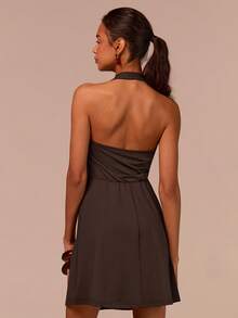 COSMINA Women's Elegant Dark Brown Summer Sleeveless Cowl Neck Short Dress,Metal Buckle Decor,Halter Neck, & Chic For Bar Party,Wedding,Daily Wear - Brown - View 6