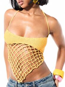 SUMWON WOMEN Women's Crochet Halter Neck Tank Top With Open Mesh Design Summer Beach Festival Boho Crop Top - Yellow - View 6