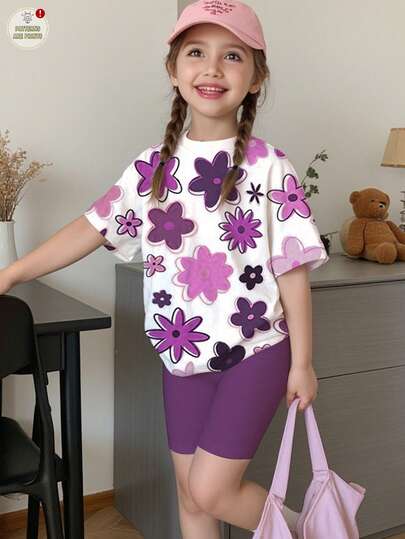 SHEIN 2pcs/Set Young Girl Casual Sweet Colorful Floral Print, Purple Tone, Round Neck Short Sleeve T-Shirt And Leggings Set, Suitable For Spring/Summer Y2K, Cute, Kids' Cozy Daily Fashion, Kids Fall Fashion, Fall New Style, Blossom Vogue, K-Pop, Girls Outfit Sets, Two Pieces Set