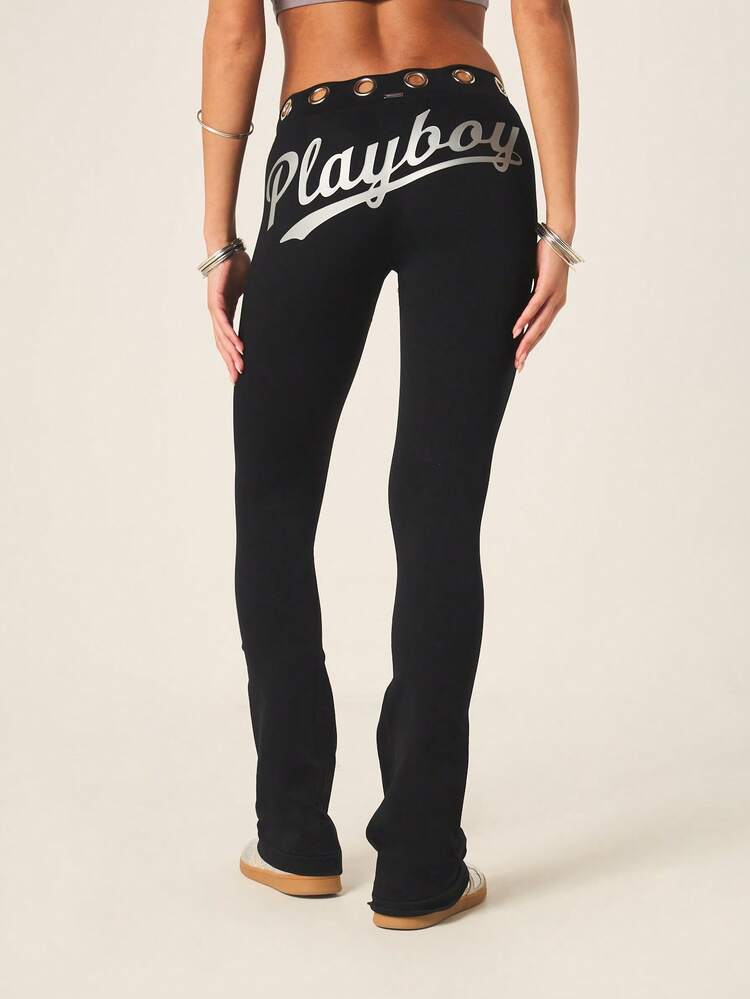 Missguided x Playboy Women's High Rise Flare Leg Leggings With Decorative Metal Eyelet Waistband And Logo Casual Pants For Daily Wear
