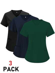 TaskEZ 纯色双口袋短袖女式手术服上衣，适合女性穿着，包括护士服、工作服、大码女式手术服等。 - 彩色 - 查看 1