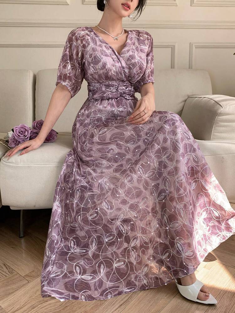 Women's Elegant Full-Print Sequin Decorated Long Dress, Summer Sundress Boho