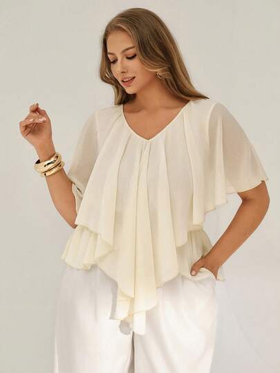 Auralis Plus Size Solid Color Minimalist V-Neck Short Sleeve Shirt Summer Outfit For Women Beach Outfits For Women Women Tops Elegant Chiffon Blouses For Women Elegant Blouses Layered Top Cream Blouse