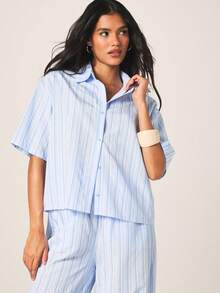MISSGUIDED Women's Striped Diamante Short Sleeve Button Down Shirt With Collared Neckline And Vertical Blue Stripes Casual Summer Blouse - Blue and White - View 6