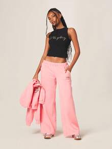 Missguided x Playboy Quần jogger ống rộng cạp thấp màu hồng có túi bên hông và thắt lưng co giãn, mang lại sự thoải mái thường ngày. - Hồng - Xem 5