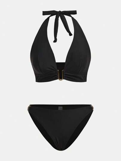 Maija Conjunto de bikini de verano para mujer de unicolor con escote halter y lazos, traje de baño sexy