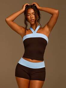 Athîral 女士休闲度假露肩吊带撞色无袖上衣和短裤两件套，春夏款 - 彩色 - 查看 7