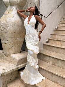 Opulessa 纯色编织露背吊带V领连衣裙，适合春夏度假穿着 - 米色 - 查看 6