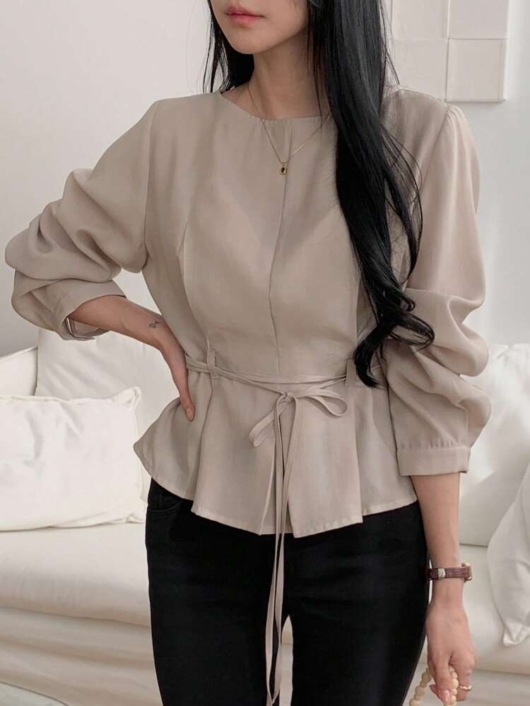 Women's Solid Color Belted Elegant Formal Summer Blouse