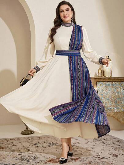 Al Najma Plus Size Women's Elegant Patchwork Geometric Print Lantern Sleeve Waist Cinched Arabic Style Dress, Autumn