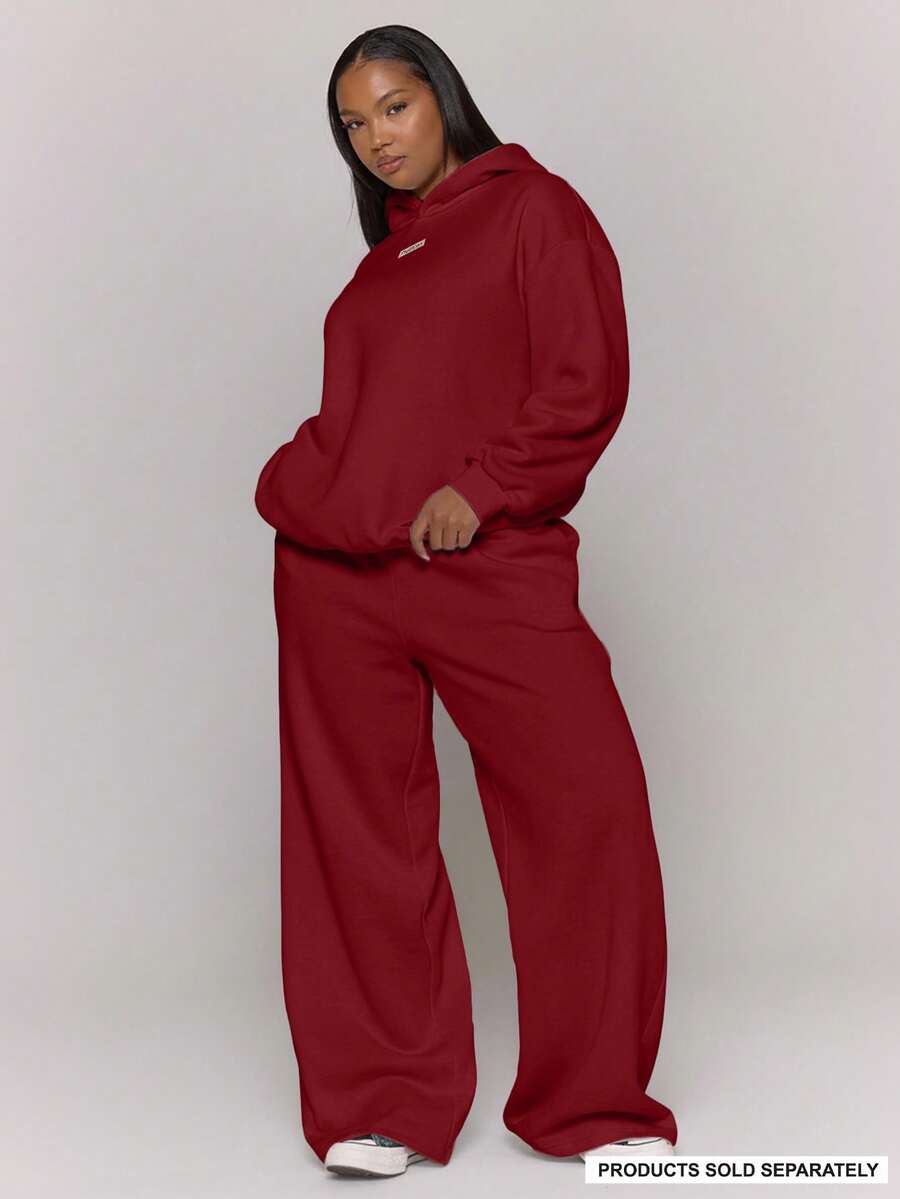 MUSERA 加大码直筒贴片Logo运动裤，秋季休闲日常基础款，舒适情人节款 - 酒紅色 - 查看 1