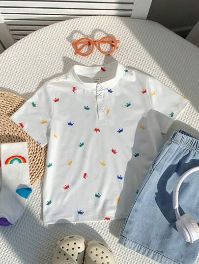 SHEIN 1pc Young Boy's Casual Crown Graphic Short Sleeve Polo Shirt, Suitable For Spring And Summer, Great For Outdoor, School, Street Style, Party And Casual Wear,Toddler Boy Clothes,Toddler,Easter Gift For Boys