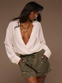 MUSERA Áo croptop dài tay cổ chữ V xẻ sâu bằng vải lanh, kiểu dáng trễ vai, thích hợp cho mùa xuân hè, đi biển, thanh lịch, lễ hội Ibiza, kỳ nghỉ, phong cách Tajine, thường ngày, phong cách Y2K, thời trang xã hội, sang trọng. - trắng - Xem 1