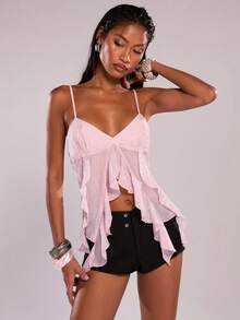SHEIN BAE Spring/Summer Beach Holiday Casual Pink Chiffon Ruffle Backless Camisole/High-Low Hem Blouse/Summer Top/Party/Beach Vacation/Ibiza/Chiffon Blouse/Casual Top - Pink - View 5