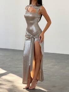 Bluhae 女士时尚性感镂空高开衩连衣裙 - 銀色 - 查看 5