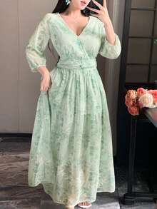 Vivie Lora 绿色女士V领修身中长款印花连衣裙 - 綠色 - 查看 5