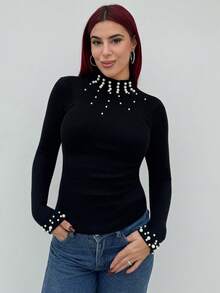 Bearsaez 仿珍珠领修身黑色长袖套头毛衣 - 黑色 - 查看 1