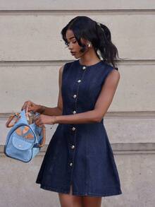 Mima John 女式牛仔无袖迷你连衣裙，休闲修身，蓝色 - 深色水洗藍 - 查看 5