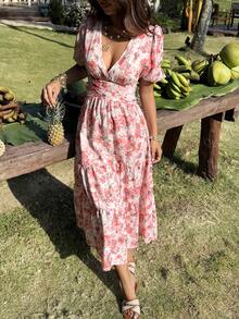 KARISMINA Women's Elegant V-Neck Floral Print Orange And White Maxi Dress,Summer Boho Garden Party Holiday Outfits,Cottagecore Wedding Guest Dress - Orange - View 7