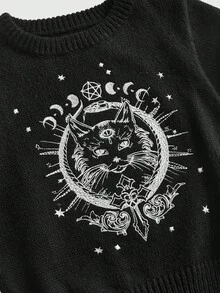 ROMWE Goth Women's Dark Mysterious Cat Embroidered Knit Sweater - Black - View 3