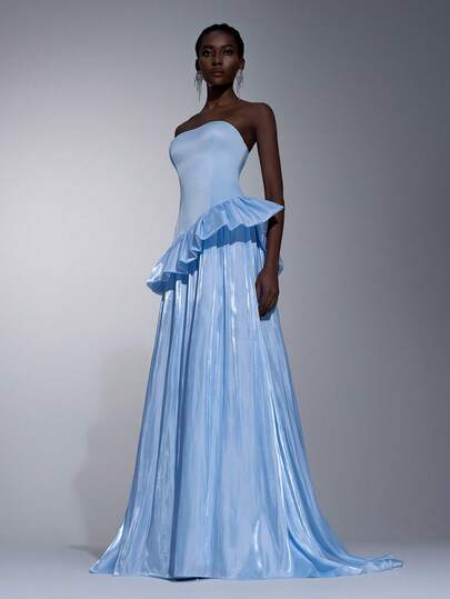 Elitara Elegant Minimalist Classical Design Woven Off-Shoulder Asymmetric Waist Pleated Double-Layer A-Line Formal Evening Gown
